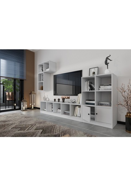 Duvar Kitaplıklı Raflı Iki Kapaklı Tv Ünitesi Beyaz Çıtasız 227 cm TV-1226-Ç modelleri