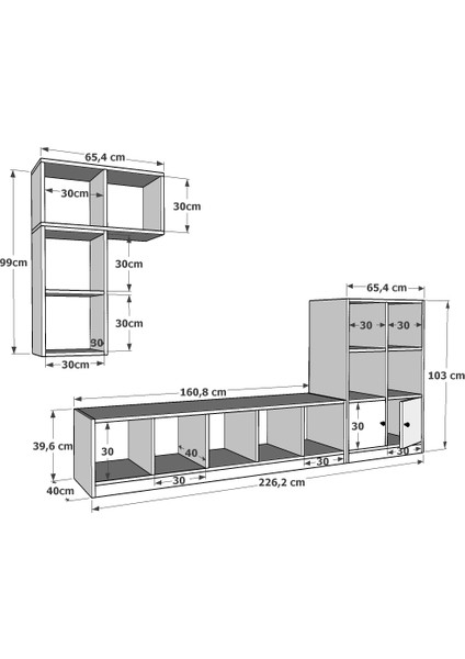 Duvar Kitaplıklı Raflı Iki Kapaklı Tv Ünitesi Beyaz Çıtasız 227 cm TV-1226-Ç fırsatları