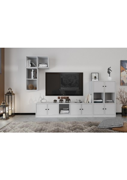 Duvar Kitaplıklı Raflı Sekiz Kapaklı Tv Ünitesi Beyaz Çıtasız 227 cm TV-1228-Ç
