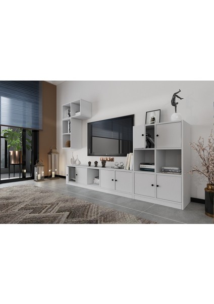 Duvar Kitaplıklı Raflı Sekiz Kapaklı Tv Ünitesi Beyaz Çıtasız 227 cm TV-1228-Ç modelleri