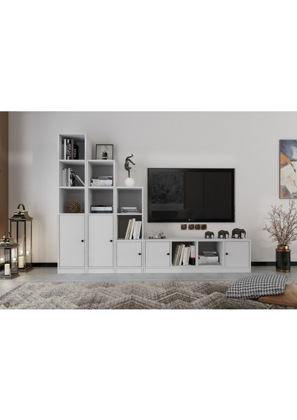 Beş Kapaklı Raflı Tv Ünitesi Beyaz 230 cm Çıtasız TV-1230-Ç