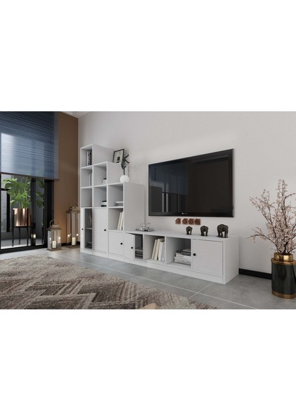 Beş Kapaklı Raflı Tv Ünitesi Beyaz 230 cm Çıtasız TV-1230-Ç modelleri