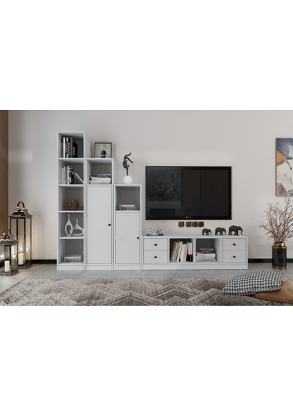 Iki Kapaklı Dört Çekmeceli Tv Ünitesi Beyaz 230 cm TV-1231-Ç