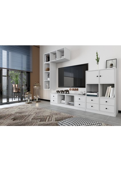 Duvar Dolaplı Iki Kapaklı Sekiz Çekmeceli Tv Ünitesi Beyaz 195 cm TV-1247-Ç fiyatları