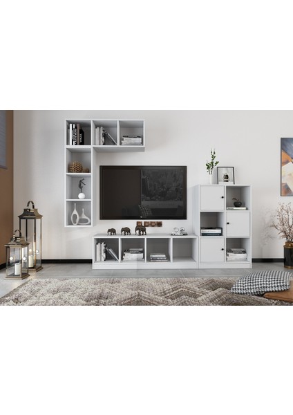 Duvar Kitaplıklı Raflı Üç Kapaklı Tv Ünitesi Beyaz 195 cm Çıtasız TV-1249-Ç