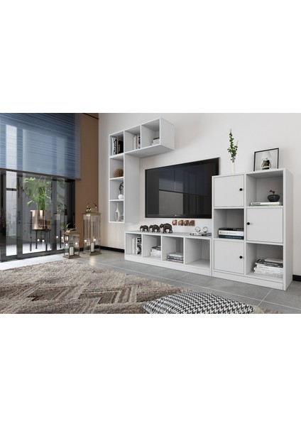 Duvar Kitaplıklı Raflı Üç Kapaklı Tv Ünitesi Beyaz 195 cm Çıtasız TV-1249-Ç fiyatları
