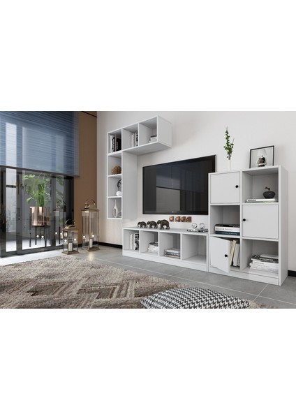 Duvar Kitaplıklı Raflı Üç Kapaklı Tv Ünitesi Beyaz 195 cm Çıtasız TV-1249-Ç modelleri