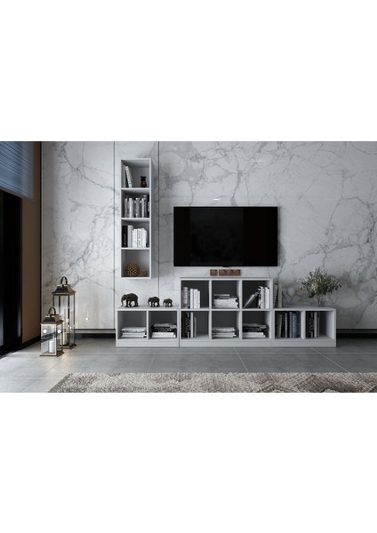 Duvar Kitaplıklı Raflı Tv Ünitesi Beyaz 227 cm TV-1250