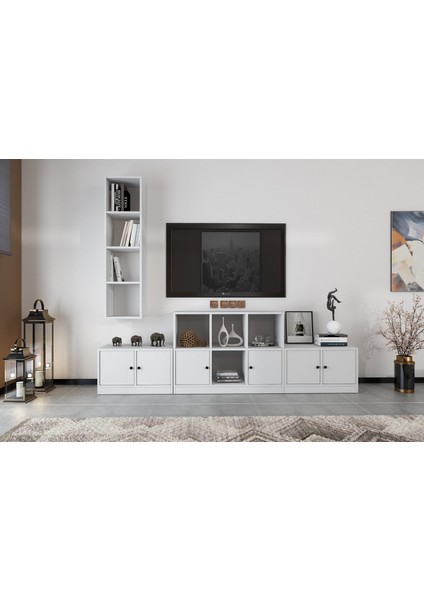 Duvar Kitaplıklı Altı Kapaklı Raflı Tv Ünitesi Beyaz 227 cm Çıtasız TV-1251-Ç