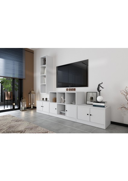Duvar Kitaplıklı Altı Kapaklı Raflı Tv Ünitesi Beyaz 227 cm Çıtasız TV-1251-Ç fiyatları