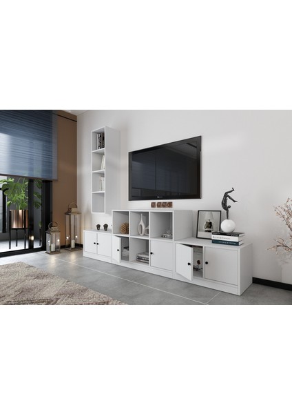 Duvar Kitaplıklı Altı Kapaklı Raflı Tv Ünitesi Beyaz 227 cm Çıtasız TV-1251-Ç modelleri