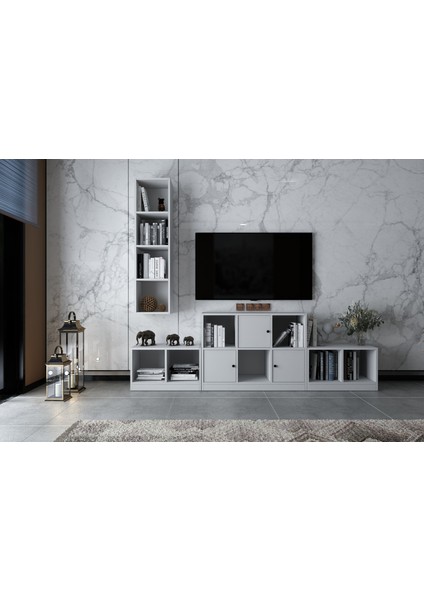 Duvar Kitaplıklı Üç Kapaklı Raflı Tv Ünitesi Beyaz 227 cm Çıtasız TV-1254-Ç