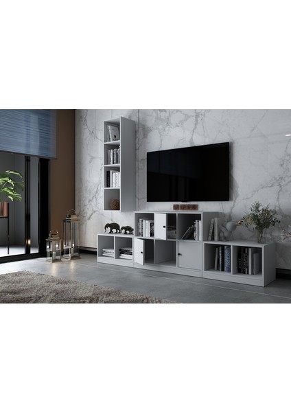 Duvar Kitaplıklı Üç Kapaklı Raflı Tv Ünitesi Beyaz 227 cm Çıtasız TV-1254-Ç modelleri