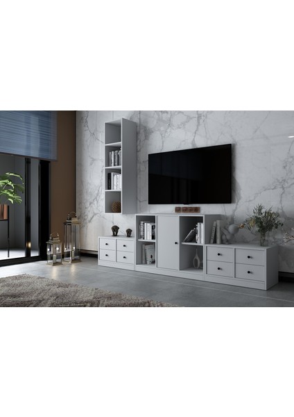 Duvar Dolaplı Tek Kapaklı Sekiz Çekmeceli Tv Ünitesi Beyaz 227 cm TV-1255-Ç fiyatları