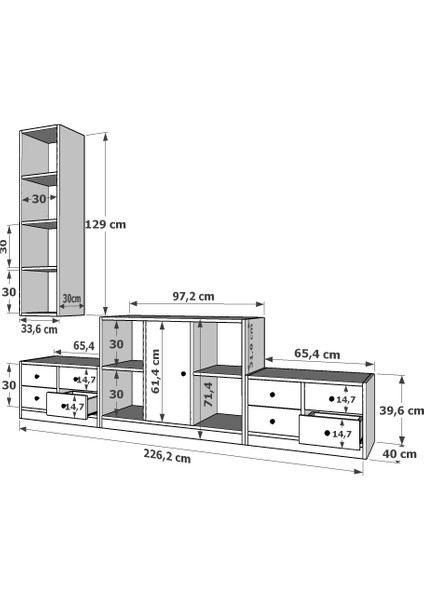 Duvar Dolaplı Tek Kapaklı Sekiz Çekmeceli Tv Ünitesi Beyaz 227 cm TV-1255-Ç fırsatları