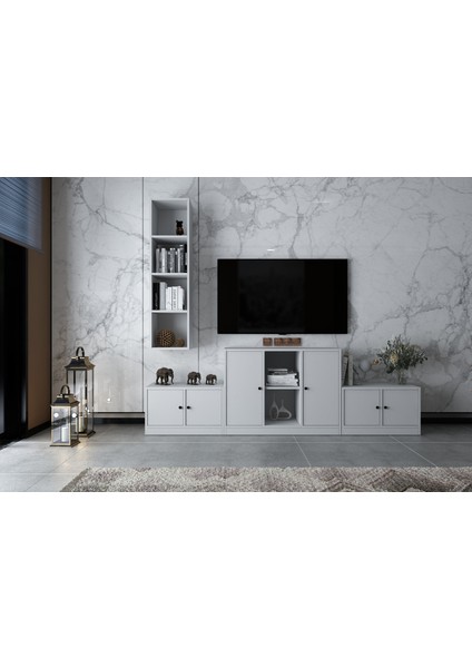 Duvar Kitaplıklı Altı Kapaklı Raflı Tv Ünitesi Beyaz 227 cm Çıtasız TV-1256-Ç