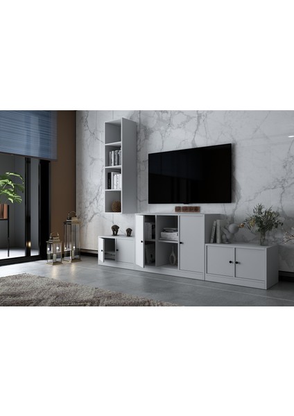 Duvar Kitaplıklı Altı Kapaklı Raflı Tv Ünitesi Beyaz 227 cm Çıtasız TV-1256-Ç modelleri