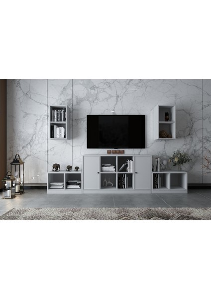 Ikili Duvar Iki Kapaklı Raflı Tv Ünitesi Beyaz 260 cm Çıtasız TV-1258-Ç