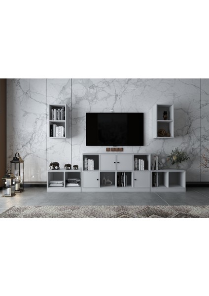 Ikili Duvar Dört Kapaklı Raflı Tv Ünitesi Beyaz 260 cm Çıtasız TV-1259-Ç