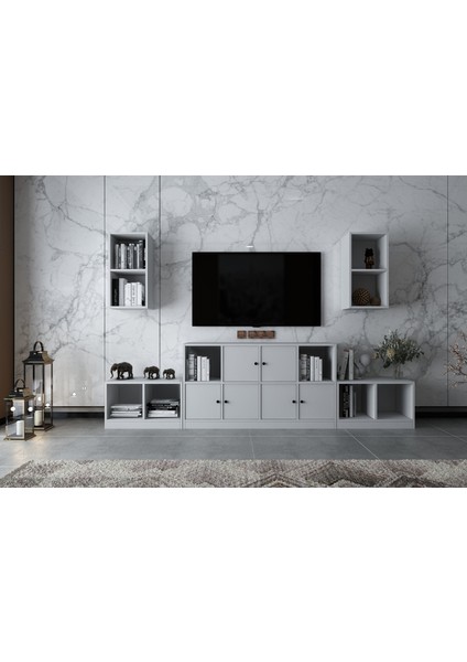 Ikili Duvar Kitaplıklı Beş Kapaklı Raflı Tv Ünitesi Beyaz 260 cm Çıtasız TV-1260-Ç