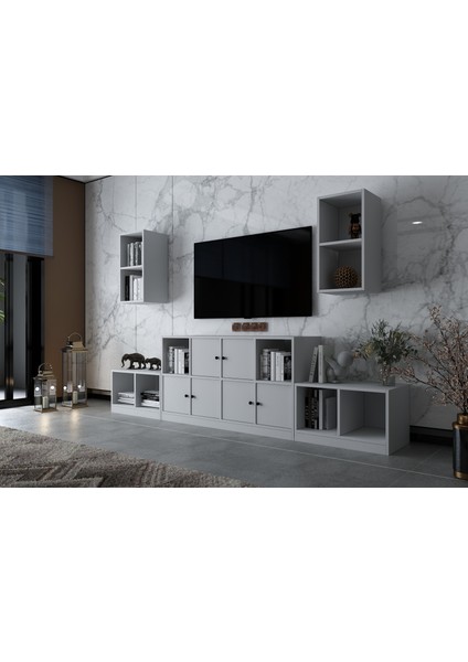 Ikili Duvar Kitaplıklı Beş Kapaklı Raflı Tv Ünitesi Beyaz 260 cm Çıtasız TV-1260-Ç fiyatları