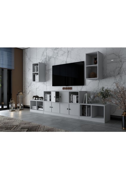 Ikili Duvar Kitaplıklı Beş Kapaklı Raflı Tv Ünitesi Beyaz 260 cm Çıtasız TV-1260-Ç modelleri