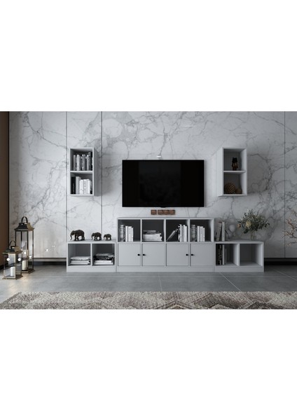 Ikili Duvar Kitaplıklı Dört Kapaklı Raflı Tv Ünitesi Beyaz 260 cm Çıtasız TV-1261-Ç