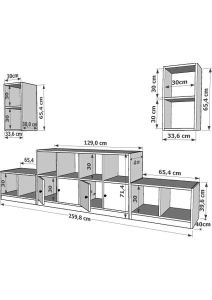 Ikili Duvar Kitaplıklı Dört Kapaklı Raflı Tv Ünitesi Beyaz 260 cm Çıtasız TV-1261-Ç fırsatları