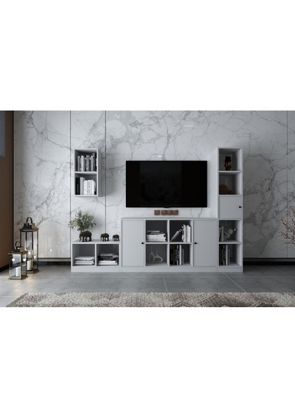 Duvar Kitaplıklı Üç Kapaklı Raflı Tv Ünitesi Beyaz 228 cm Çıtasız TV-1263-Ç