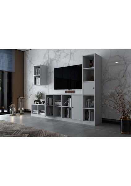 Duvar Kitaplıklı Üç Kapaklı Raflı Tv Ünitesi Beyaz 228 cm Çıtasız TV-1263-Ç modelleri