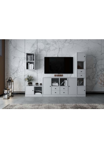 Duvar Dolaplı Beş Kapaklı Altı Çekmeceli Tv Ünitesi Beyaz 228 cm TV-1265-Ç