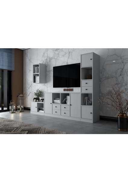 Duvar Dolaplı Beş Kapaklı Altı Çekmeceli Tv Ünitesi Beyaz 228 cm TV-1265-Ç fiyatları