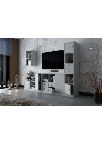 Duvar Dolaplı Beş Kapaklı Altı Çekmeceli Tv Ünitesi Beyaz 228 cm TV-1265-Ç modelleri