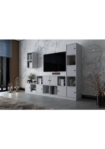 Duvar Kitaplıklı Sekiz Kapaklı Raflı Tv Ünitesi Beyaz 228 cm Çıtasız TV-1266-Ç fiyatları