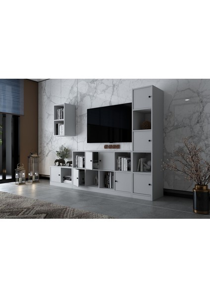Duvar Kitaplıklı Sekiz Kapaklı Raflı Tv Ünitesi Beyaz 228 cm Çıtasız TV-1266-Ç modelleri