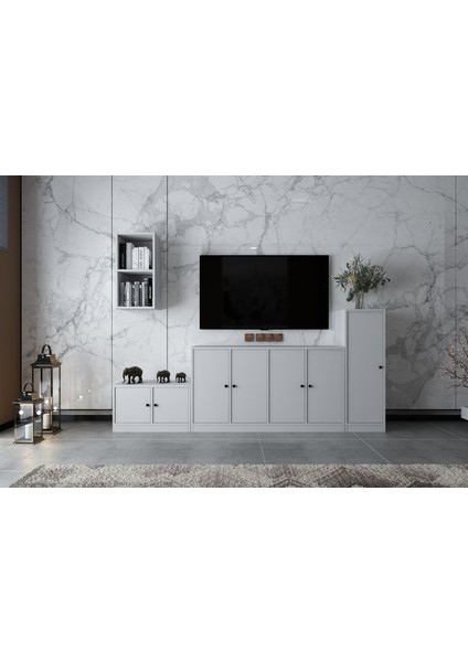 Duvar Kitaplıklı Yedi Kapaklı Raflı Tv Ünitesi Beyaz 228 cm Çıtasız TV-1267-Ç