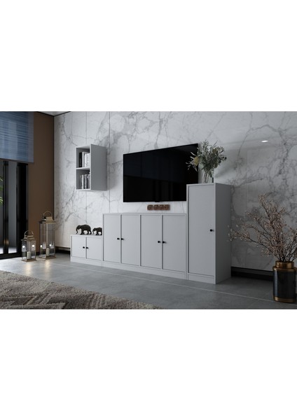 Duvar Kitaplıklı Yedi Kapaklı Raflı Tv Ünitesi Beyaz 228 cm Çıtasız TV-1267-Ç fiyatları