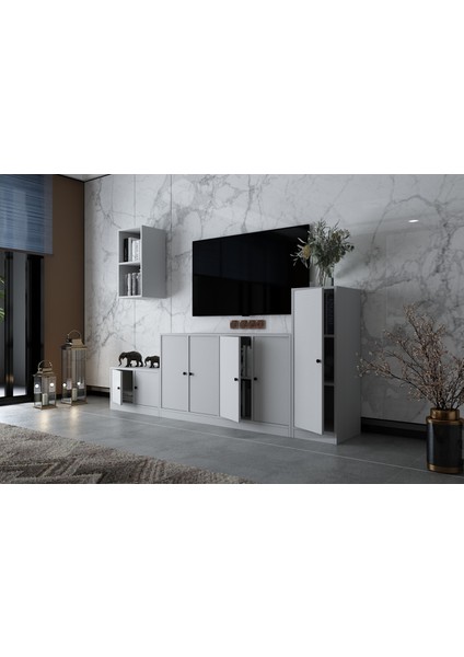 Duvar Kitaplıklı Yedi Kapaklı Raflı Tv Ünitesi Beyaz 228 cm Çıtasız TV-1267-Ç modelleri