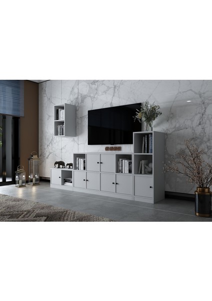 Duvar Kitaplıklı Sekiz Kapaklı Raflı Tv Ünitesi Beyaz 228 cm Çıtasız TV-1269-Ç fiyatları