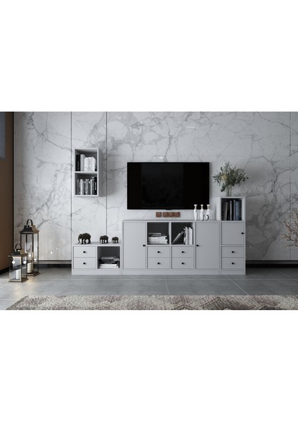 Duvar Dolaplı Üç Kapaklı Sekiz Çekmeceli Tv Ünitesi Beyaz 228 cm TV-1270-Ç
