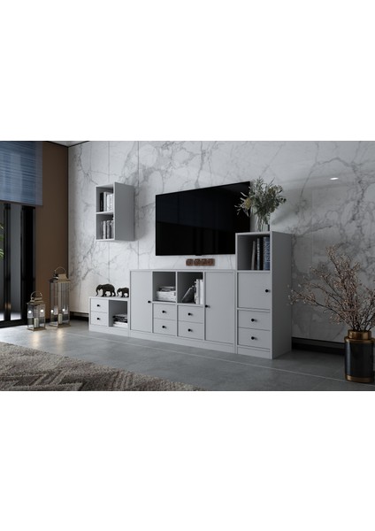 Duvar Dolaplı Üç Kapaklı Sekiz Çekmeceli Tv Ünitesi Beyaz 228 cm TV-1270-Ç fiyatları