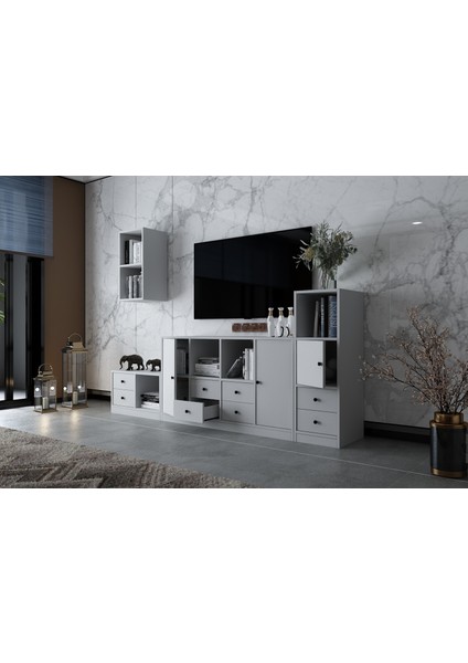 Duvar Dolaplı Üç Kapaklı Sekiz Çekmeceli Tv Ünitesi Beyaz 228 cm TV-1270-Ç modelleri