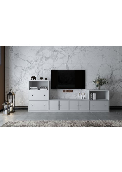 Yedi Kapaklı Raflı Tv Ünitesi Beyaz 260 cm Çıtasız TV-1274-Ç