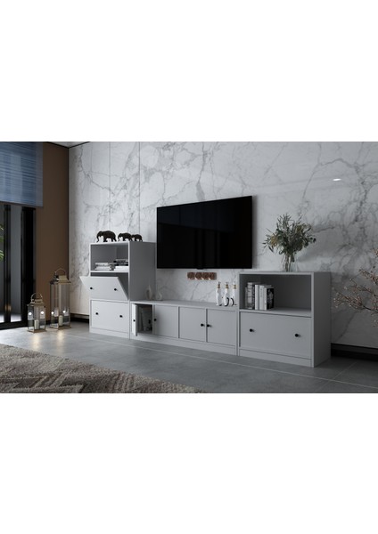 Yedi Kapaklı Raflı Tv Ünitesi Beyaz 260 cm Çıtasız TV-1274-Ç modelleri