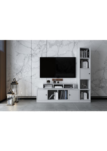 Üç Kapaklı Raflı Tv Ünitesi Beyaz 163 cm Çıtasız TV-1281-Ç