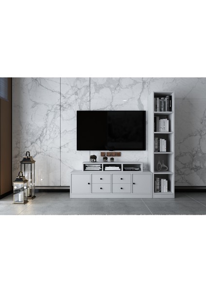 Iki Kapaklı Dört Çekmeceli Tv Ünitesi Beyaz 163 cm TV-1284-Ç
