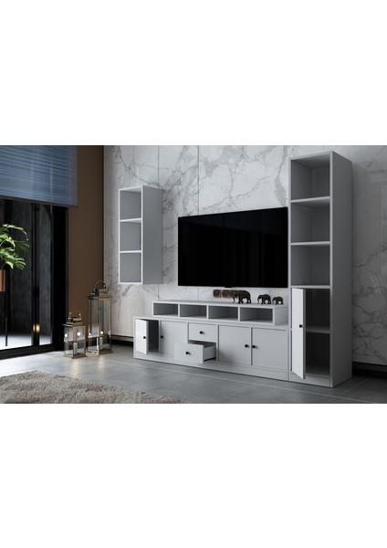 Duvar Raflı Beş Kapaklı Iki Çekmeceli Tv Ünitesi Beyaz 195 cm TV-1290-Ç modelleri