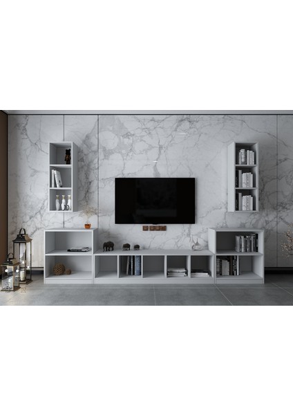 Ikili Duvar Kitaplıklı Raflı Tv Ünitesi Beyaz 292 cm TV-1292