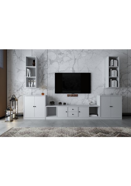 Ikili Duvar Dolaplı Altı Kapaklı Iki Çekmeceli Tv Ünitesi Beyaz 292 cm TV-1293-Ç