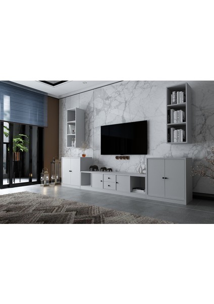 Ikili Duvar Dolaplı Altı Kapaklı Iki Çekmeceli Tv Ünitesi Beyaz 292 cm TV-1293-Ç fiyatları